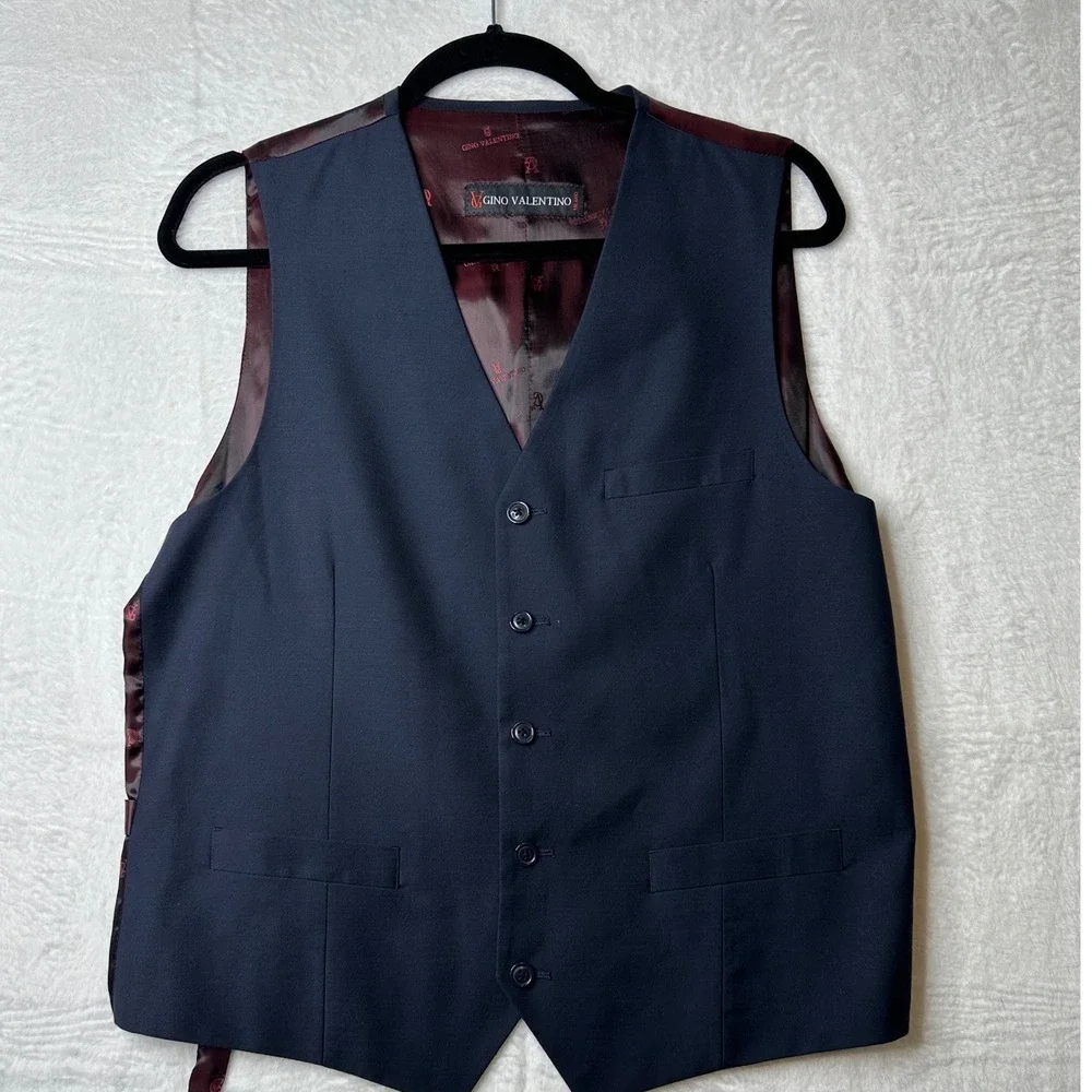 Gino Valentino Milano Mens Suit Vest Navy Blue Burgundy Back Waistcoat 38S 48S